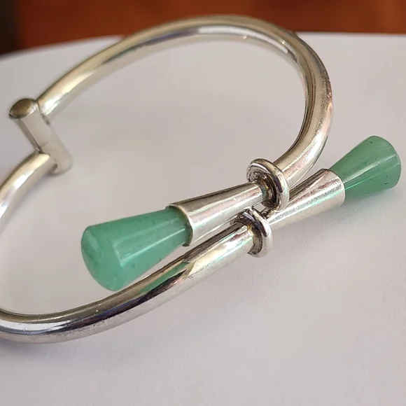Sterling Silver Hinged bracelet Signed Mexico green Jade jewelry Fine Invest - Picture 3 of 8